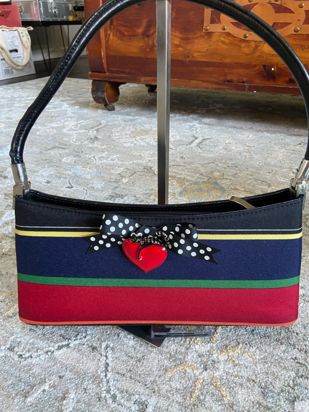 Vintage Y2K Striped Multicolor Heart-Accent Pouchette Bag